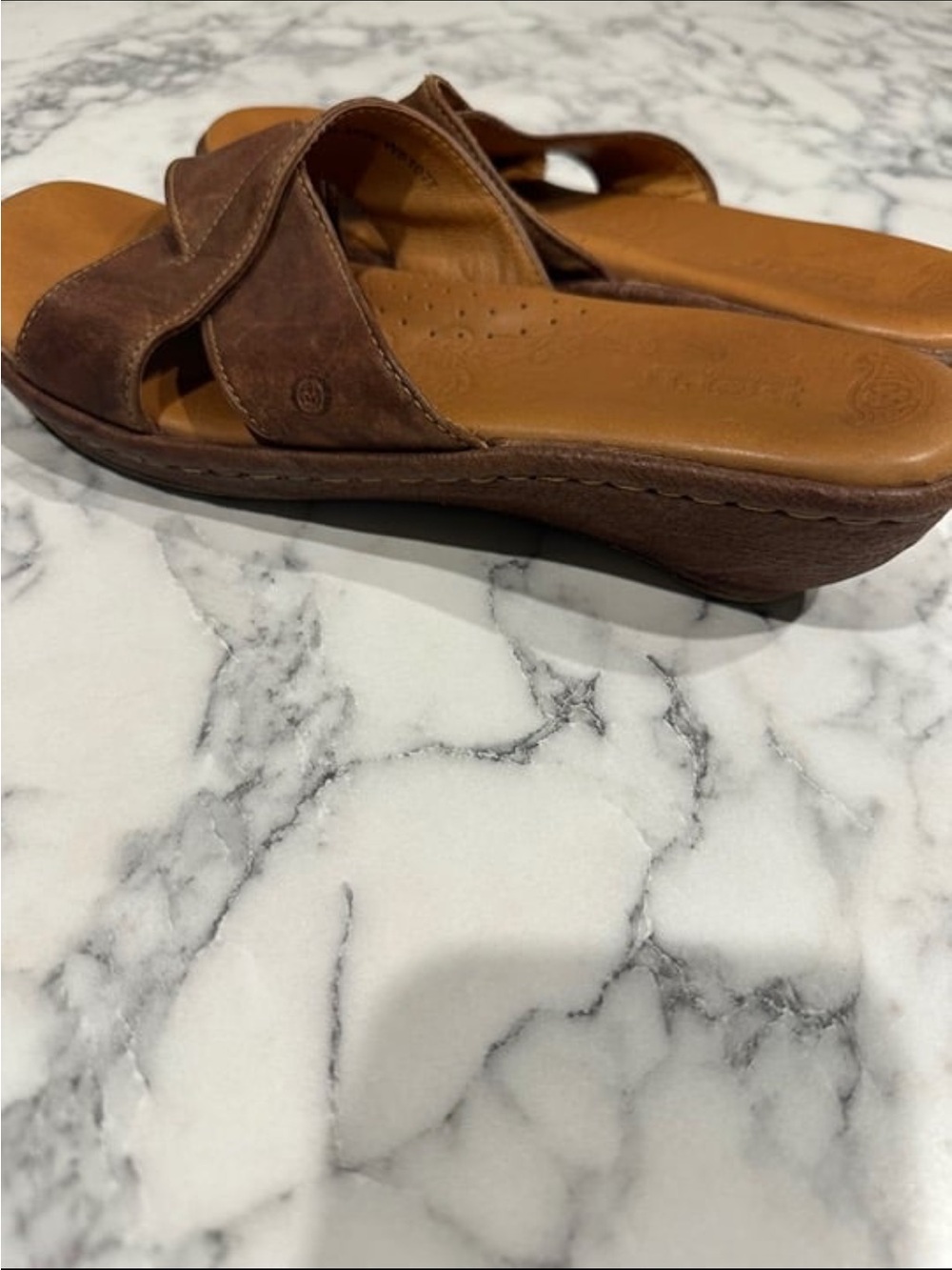 Born Brown Leather Slip-On Wedge Mules
